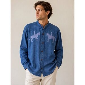 Vintage Denim Shirt Horse Rider Embroidery Equestrian Western Boho Mens